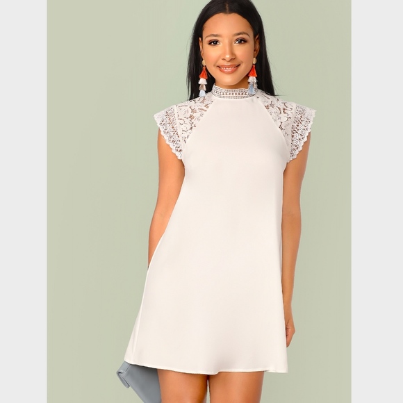 Rouge! Dresses & Skirts - High Neck Lace Detailed White Tunic Mini Dress